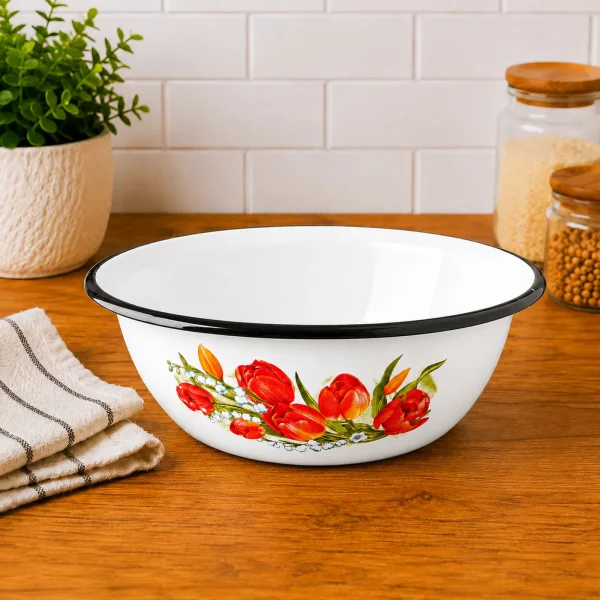 Enameled bowl 3.5 L "Tulips" white